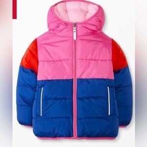 Hanna Andersson Colorblock Reversible Puffer in Deep Blue Sea/Fiji Pink/Poppy 12